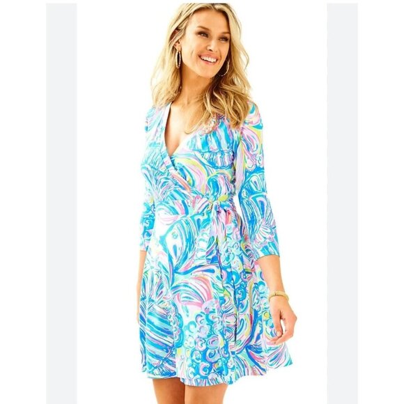 Lilly Pulitzer Emilia Wrap Dress Multi Guilty Pleasure Print 3/4 Sleeve Small - Picture 2 of 13